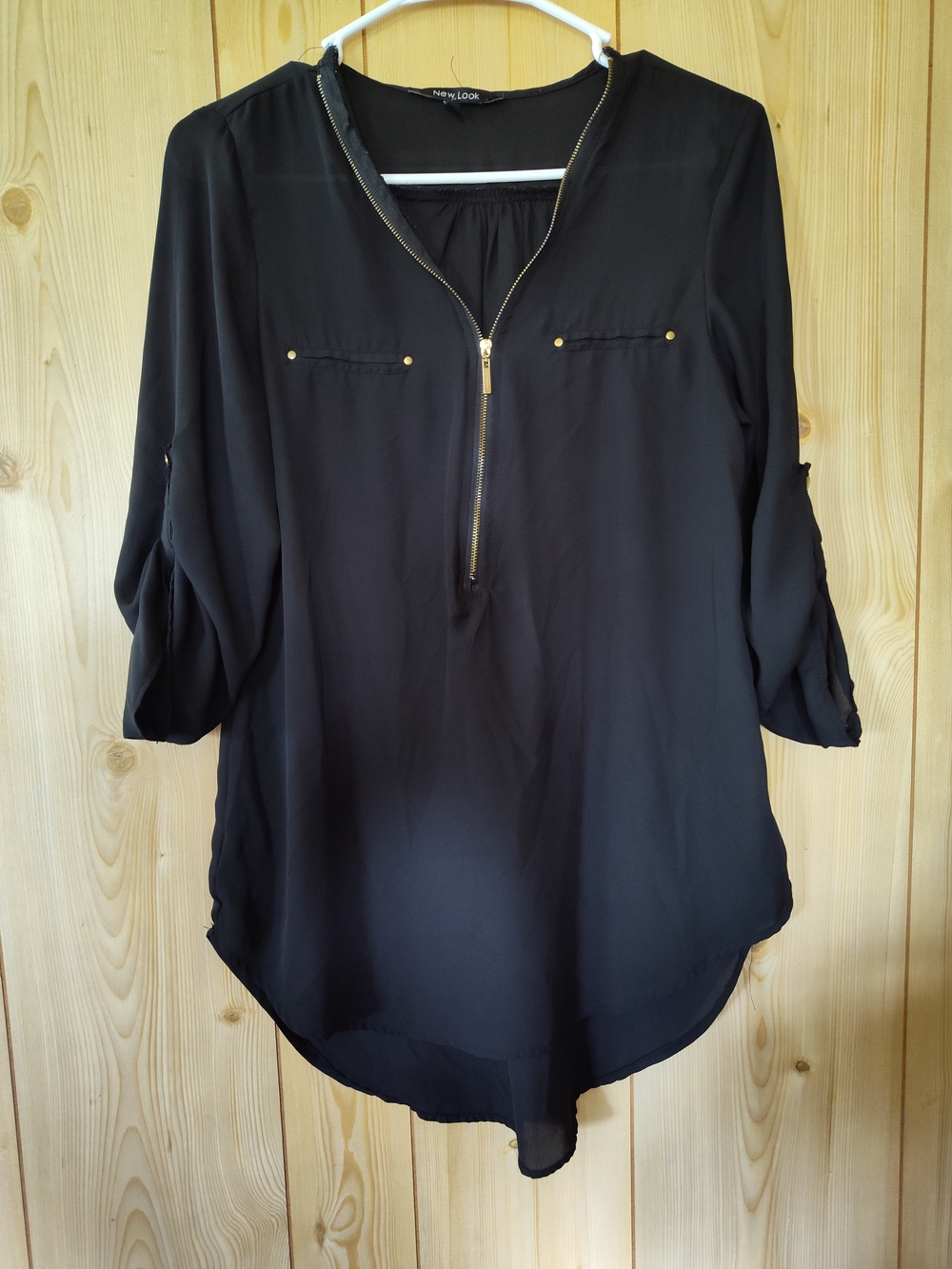New Look Black Zip-Front Tunic Blouse with Gold Accents